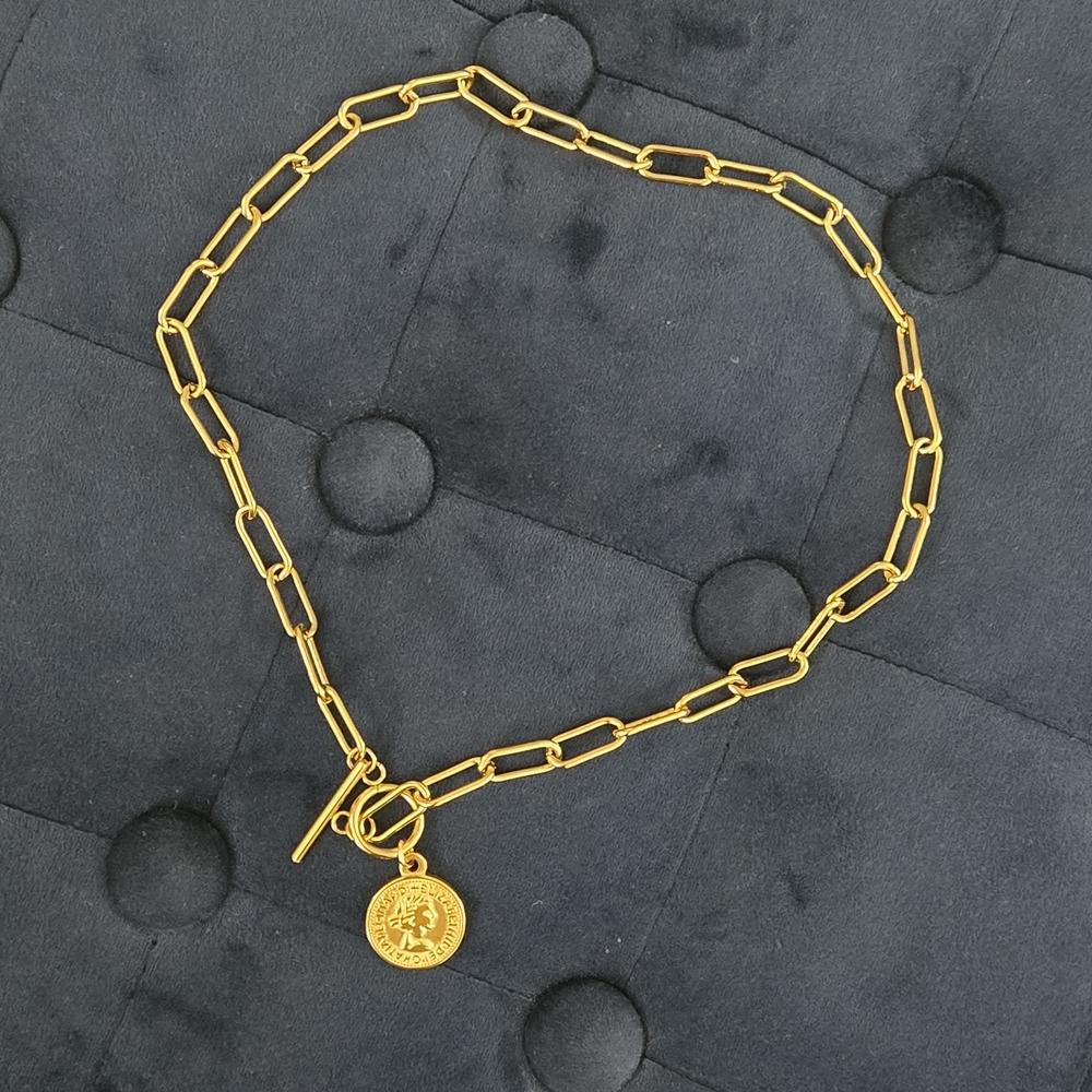 Gold Paperclip Coin Medallion Necklace